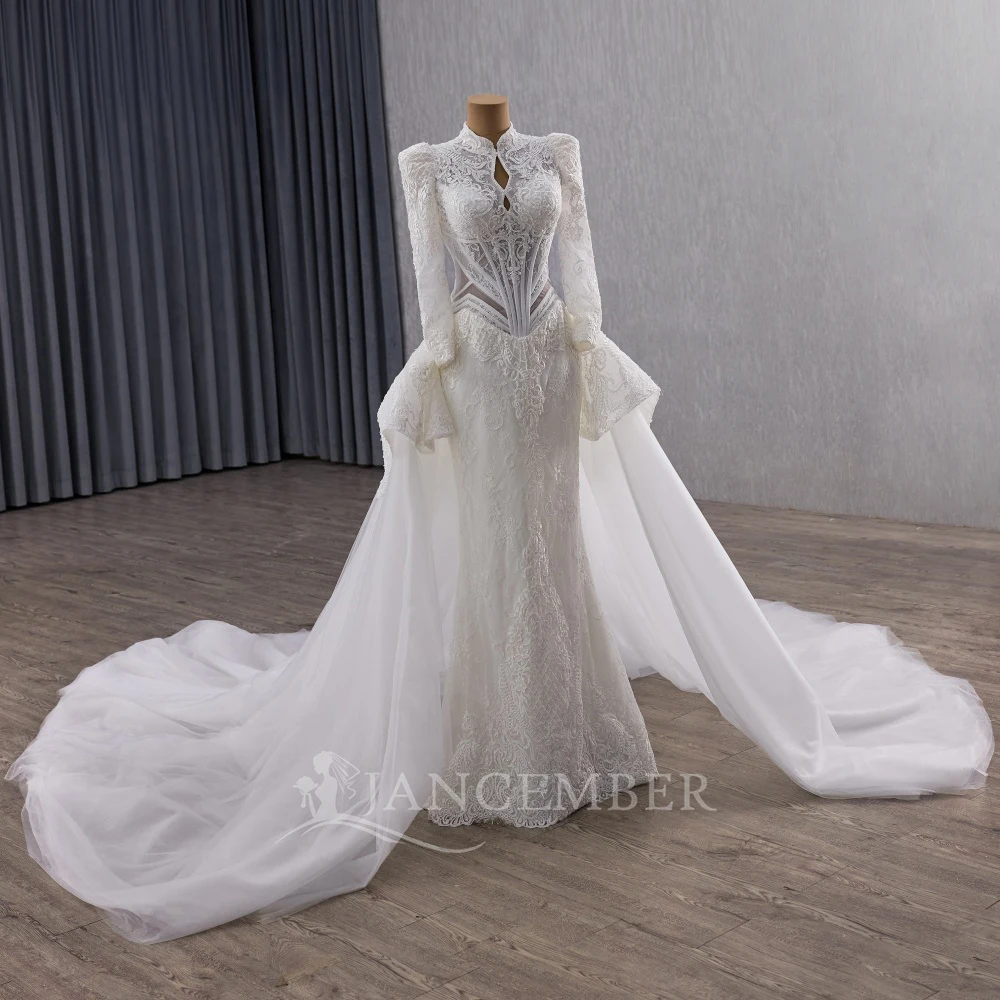 Wedding Dress Long Sleeve High Neck Zipper Back Customized Bride Dresses Court Train Rhinestones Bridal Gown vestido femininos