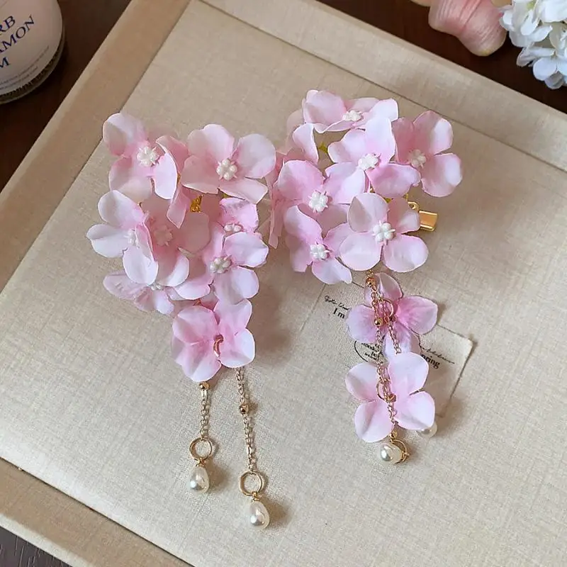 1 Stück Stoffblütenblätter Quasten-Perlen-Haarspange für Damen und Mädchen, süße Entenschnabel-Haarspange für Frühling und Sommer, Haarschmuck – Detail 9
