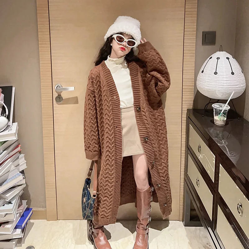 

teen Girls long Cardigan Autumn Winter Fashion Mid-length Knitwear Kids Sweater Outerwear 12 13 14 Years Children Casual Coats