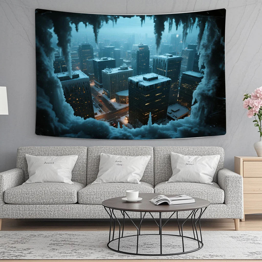 

Custom Anime Cityscape Tapestry - Personalized Snowy Aerial View Photo Print - Winter Themed Wall Hanging for Room Decor