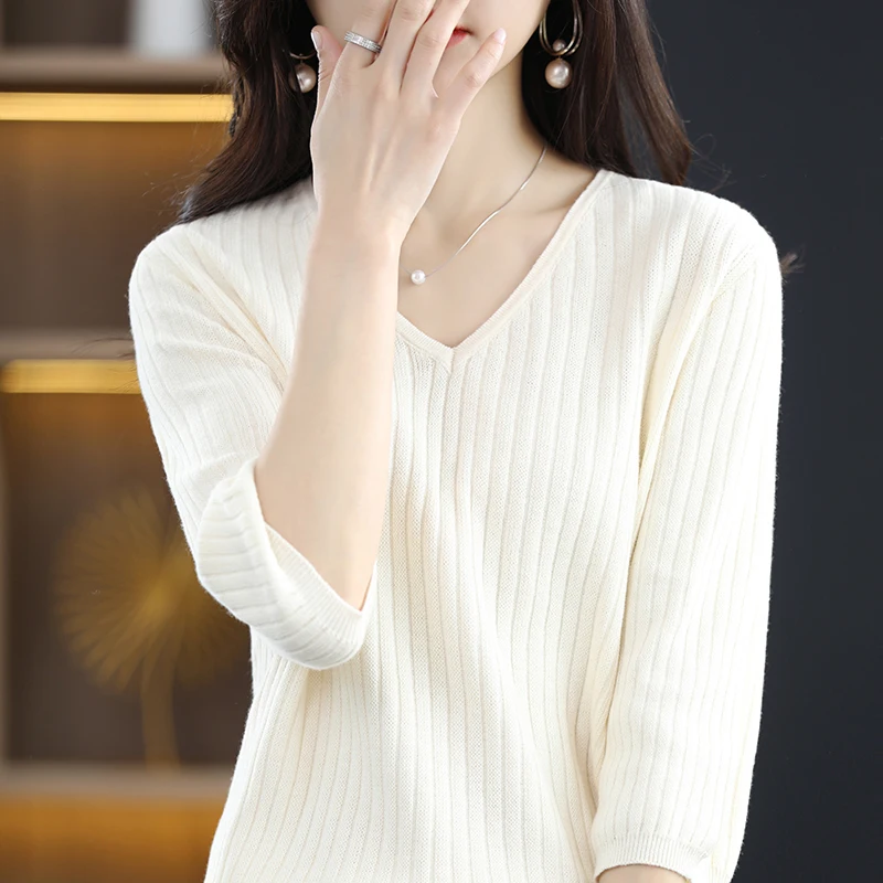 2026 new style Women Casual V Neck Vertical Striped Loose 100 Cotton 7 Length Sleeve Thin Sweater Autumn Winter Elegant Commute