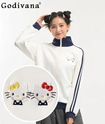 Japanese Style Daily Sanrio Kitty College Style Kawaii Zipper Cardigan Jacket Student Spring and Autumn Loose Basics Coat Women