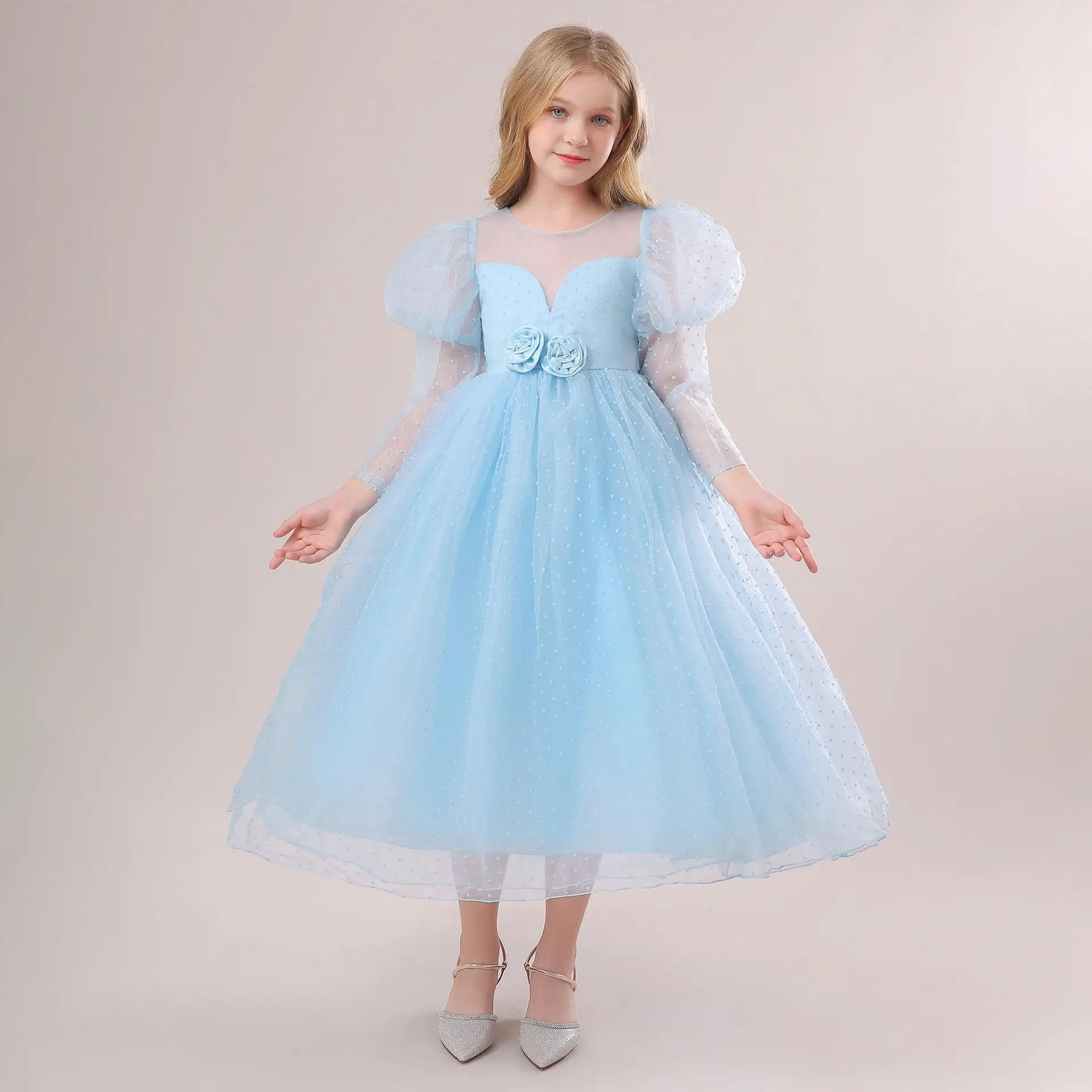 

Детское праздничное платье с длинными рукавами для девочек от 4 до 14 лет, детский костюм, кружевные платья принцессы, праздничное желтое платье для девочек, платье на день рождения