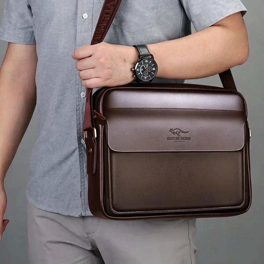 PU leather retro men's single-shoulder bag, large capacity, portable, business style, horizontal briefcase, crossbody bag view 2