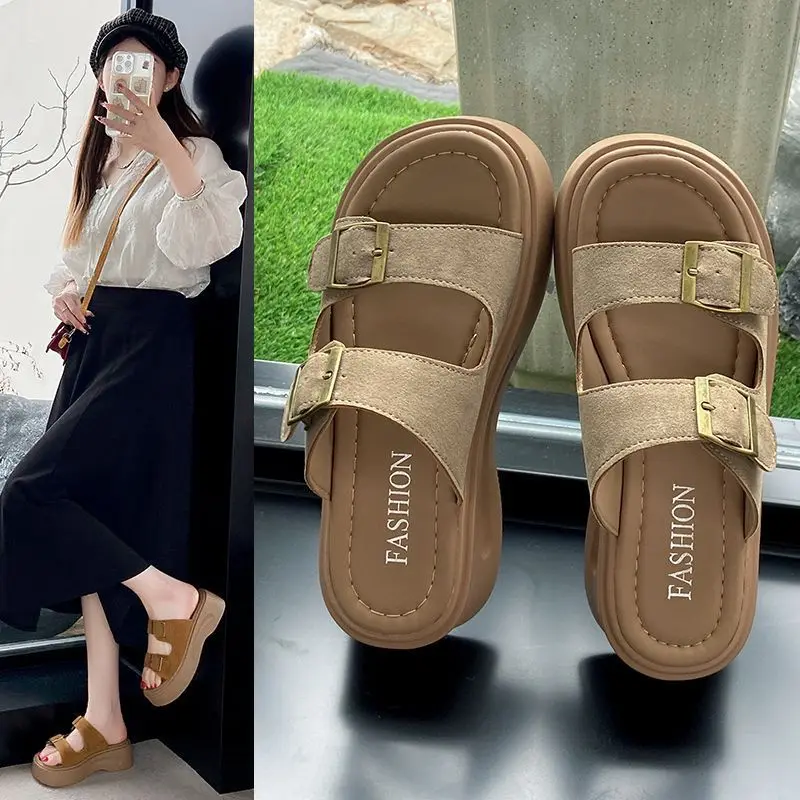 Casual Sandals Women Leather Platform Buckle Strap Summer Beach Ladies Thick Soled Shoes Handmade