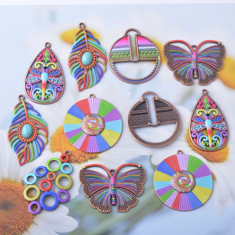 6pcs Bohemia Zinc Alloy Feather Earrings Pendant  Feathers Dragonflies Girl's Charms Bohemian DIY Women's  Jewelry Making