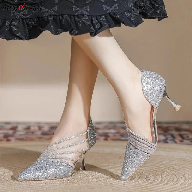 Sexy Pointed Toe Pumps Women Luxury Shiny Crystal High Heels Elegant slim heel silver wedding Party shoes Women\'s dress Shoes