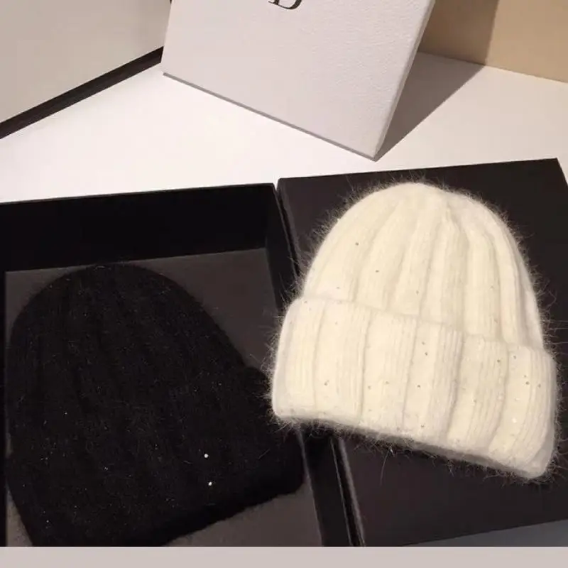 Unisex Winter Hats Women Men Rabbit Fur Knitted Beanie With Sequin Wide Stripe Design, Small Face Friendly, Warm & Fashion