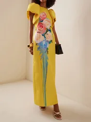 Freeacy-Robe jaune imprimée de fleurs pour femmes, col rond, manches courtes bouffantes, droite, élégante, robes de soirée, été