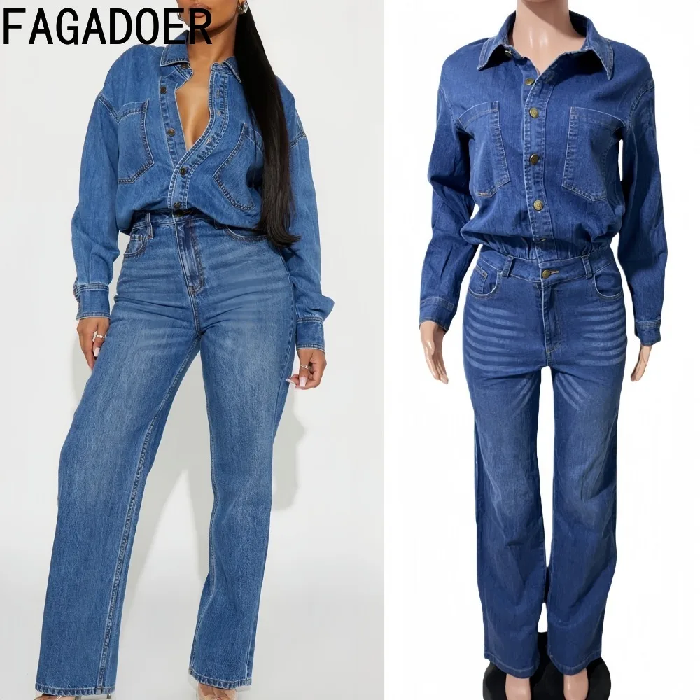 

FAGADOER, новый зимний модный джинсовый облегающий комбинезон для женщин, лоскутные комбинезоны с длинными рукавами и карманами, женские уличные комбинезоны