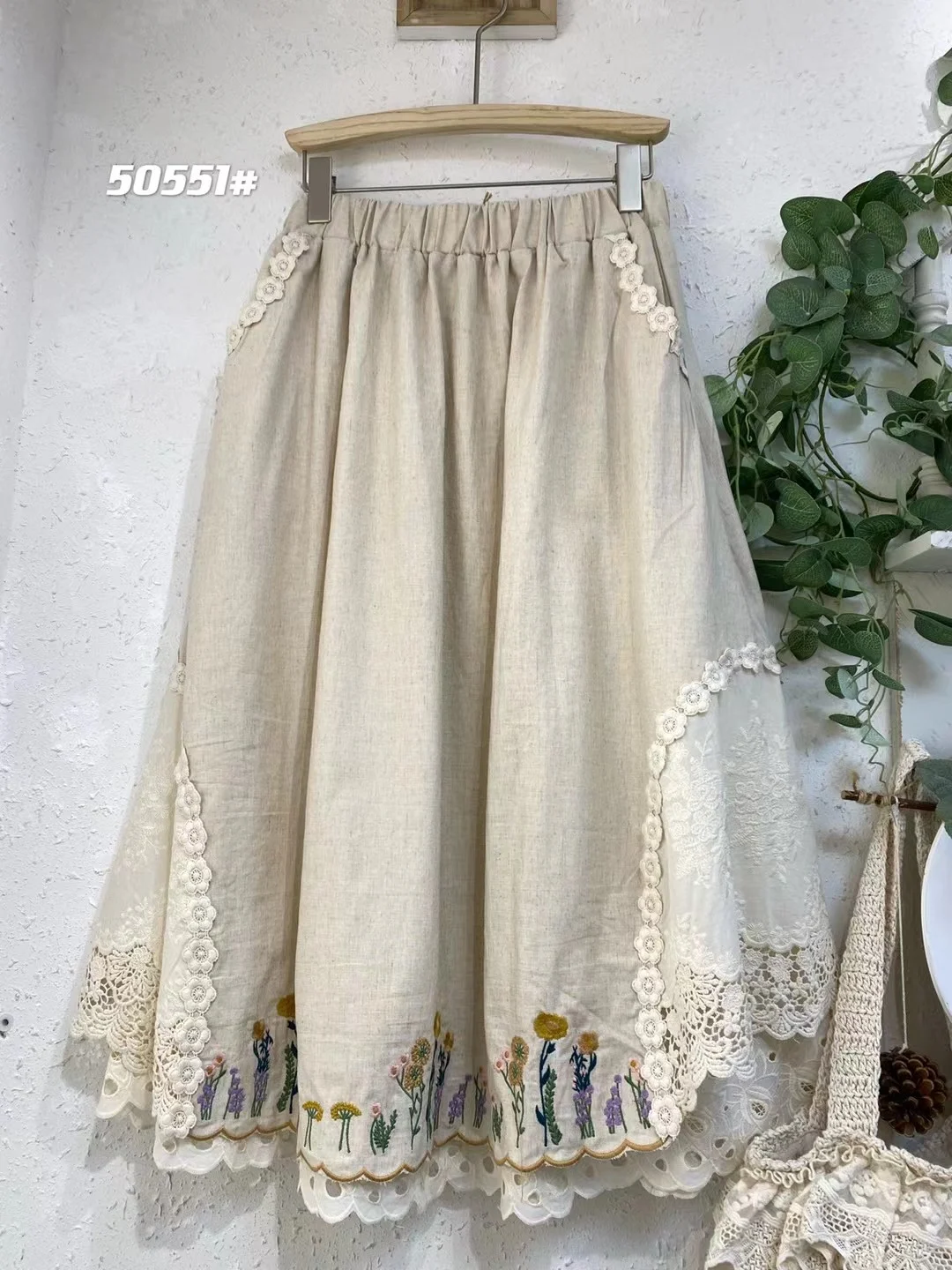 

Sweet Sli Embroidered A-Line Skirt Universal Elastic Waist Double Layered Beautiful Linen Artistic Women's Skirt