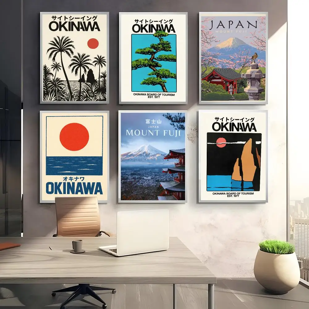 Aesthetic Travel Okinawa Poster Self-adhesive Painting Wall Art Paper Home Decor for Bedroom Living Room Cafe