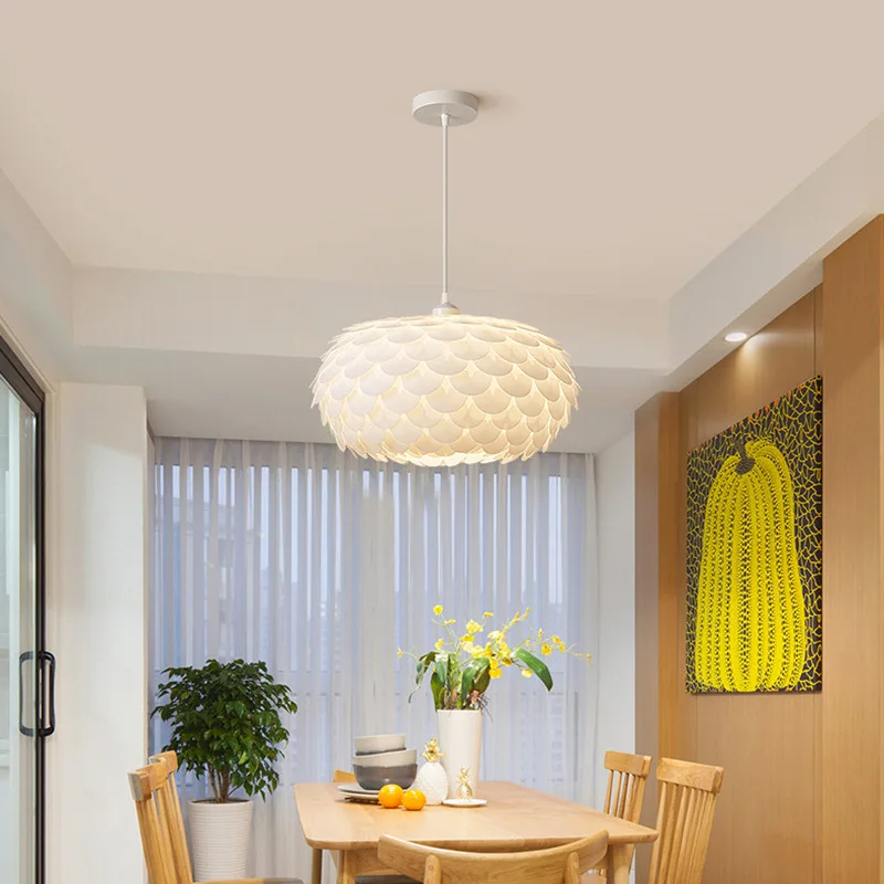 Modern Cream wind LED Pendant Light Living Room Bedroom Kitchen Bar counter  Indoor Home Decor Feather Hanging Light Fish scale