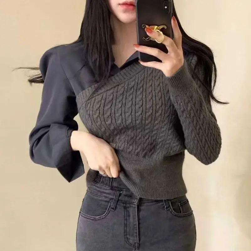 Splicing Knit Patchwork Shirt Sweaters for Women Slim Fit Gray Female Pullover Winter 2024 Harajuku Autumn Outerwears Basic Top