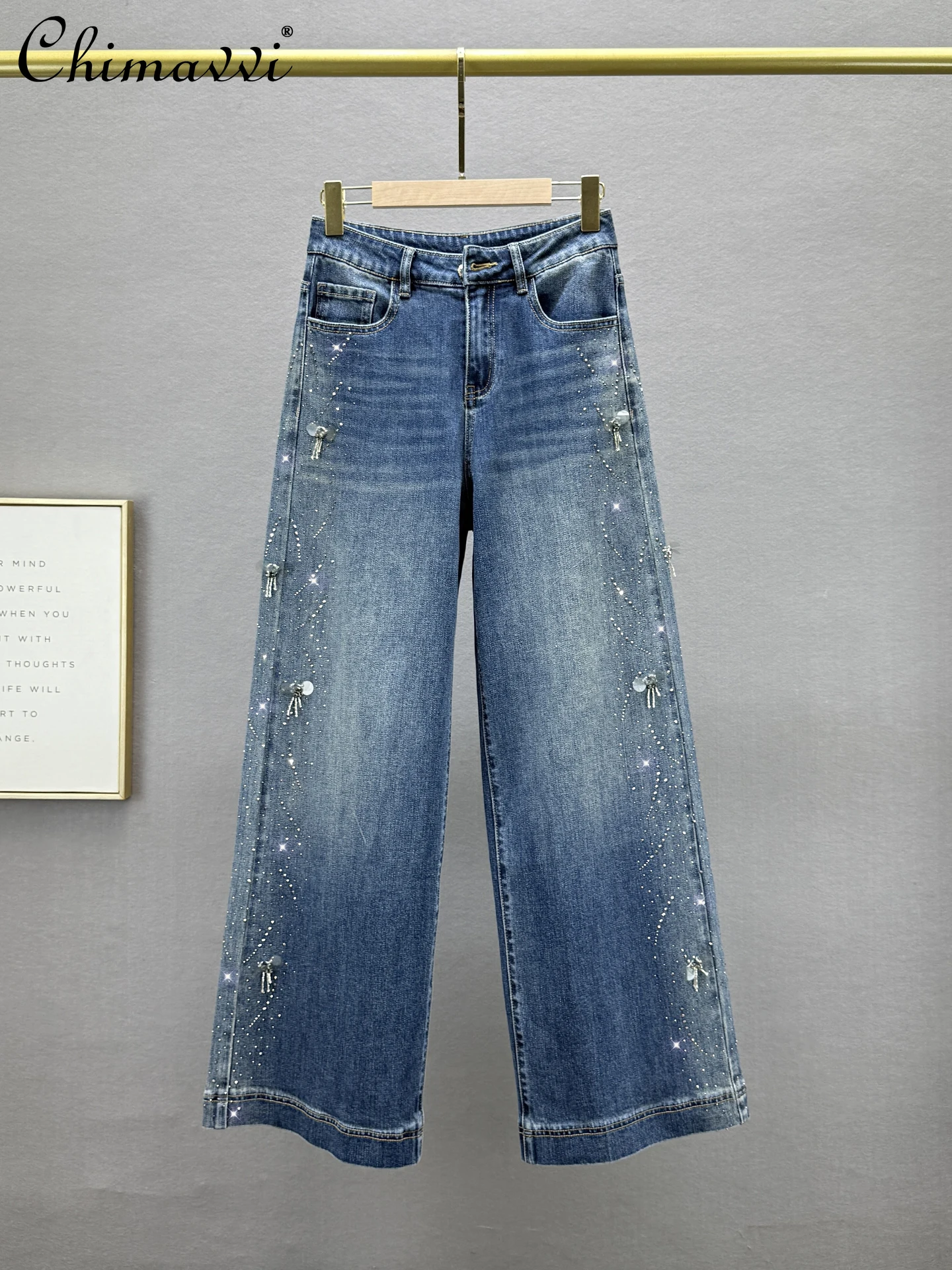 

Hot Rhinestone Jeans Women Extended Pants 2025 Autumn Clothes New Fashion High Waist Loose Fit European Heavy Wide Leg Pants