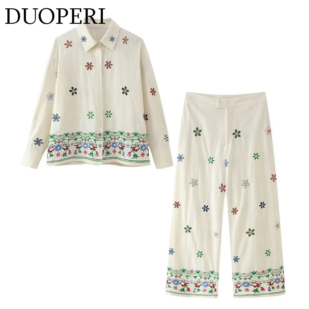 DUOPERI Women Fashion 2 Pieces Sets Floral Embroidery Shirt and Trousers Female Chic Lady Tops Blouse and Pant Coordinates