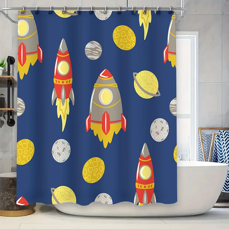 

Занавеска для душа на космическую тематику синяя с красными ракетами и планетами, водонепроницаемая ткань, идеально подходящая для детских ванных комнат!