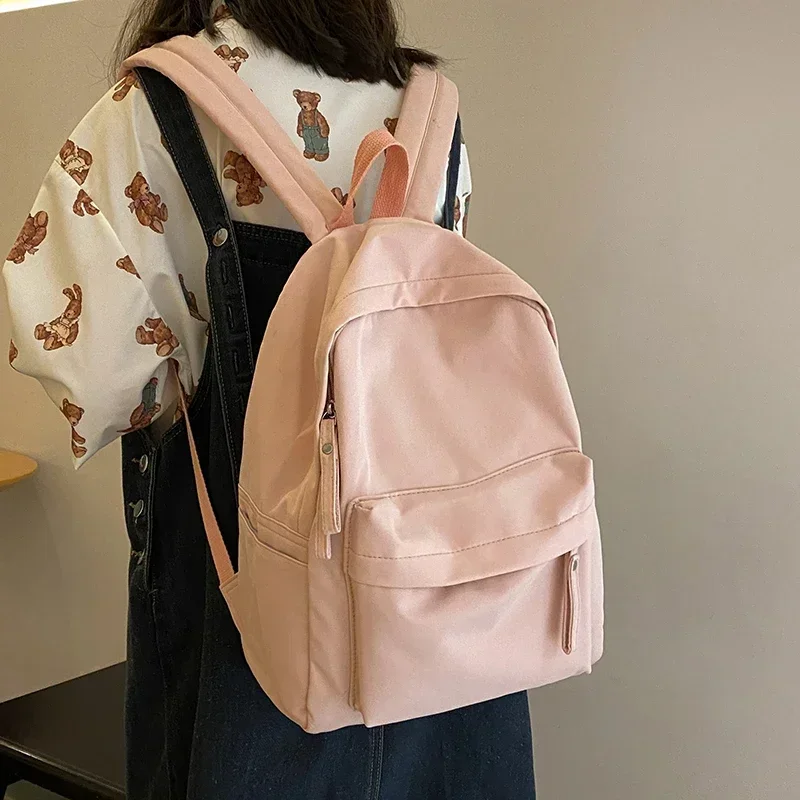 Simple Solid Color Backpack Women 2023 Waterproof Nylon School Bags for Teenager Girls Bookbag Lady Travel Backbag Shoulder Bag