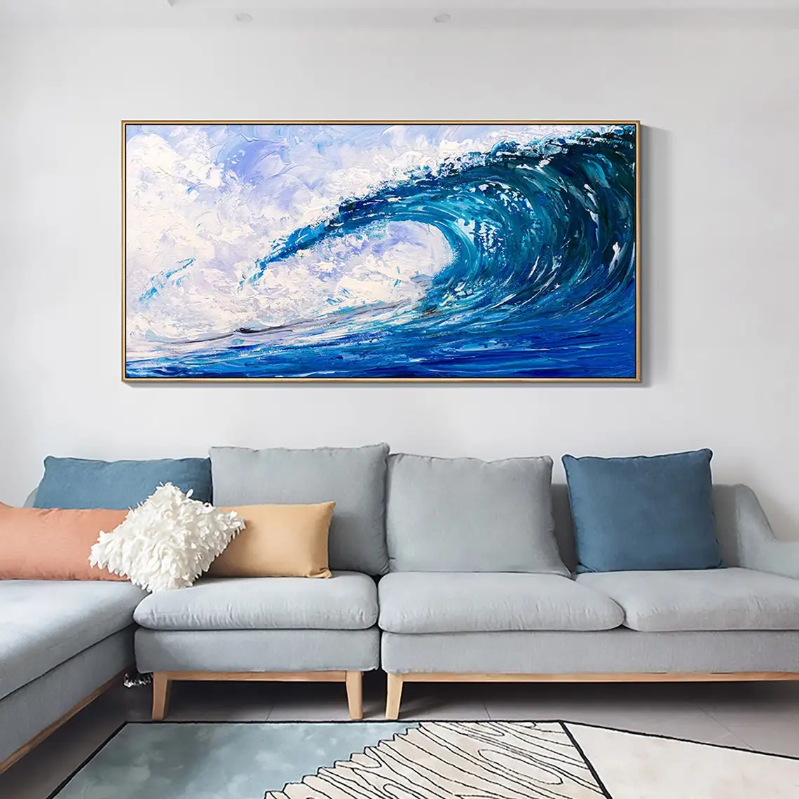 Abstract Blue Wave Hand Painted Oil Painting On Canvas Textured Acrylic Painting Ocean Landscape Modern Living Room Wall Art