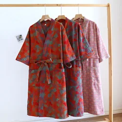 2024 Spring Summer Women's 100% Cotton Retro Chinese Style Kimono Robes Women Half Sleeve Nightgown Comfortable Home Bathrobe