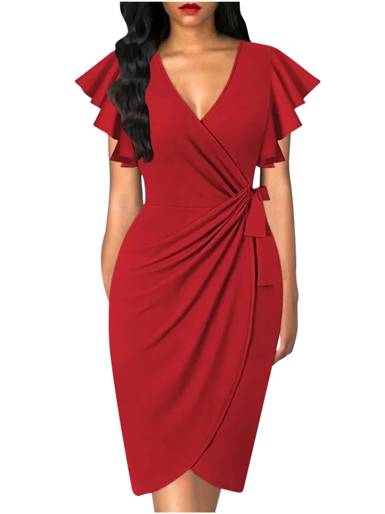 

Elegant Slim Fit Dress With Sweet Style Twist Slim Fit Waist Cinching Pleating Solid Color Fashionable Petal Sleeve Dress Women