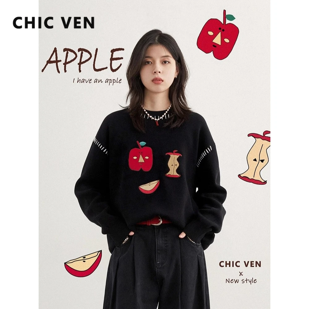 

CHIC VEN Fashion Women Sweaters Loose Cotton O Neck Apple Embroidered Pullovers Thick Warm Female Top Design Autumn Winter 2025