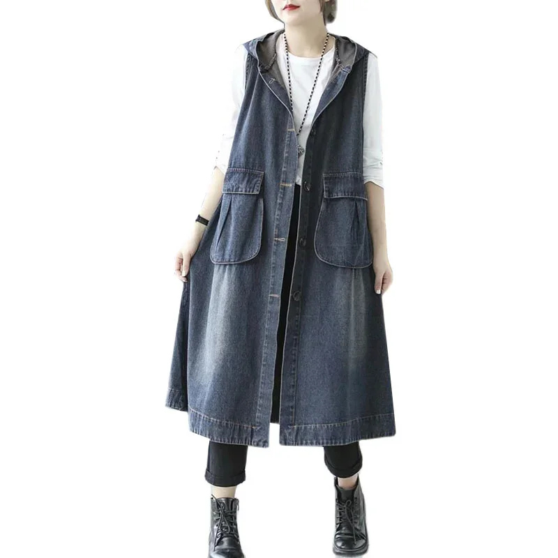 

Denim Vest Women New Autumn Korean Mid-length Hooded Button Loose Vintage Waistcoats Female Sleeveless Jeans Vest Women A630