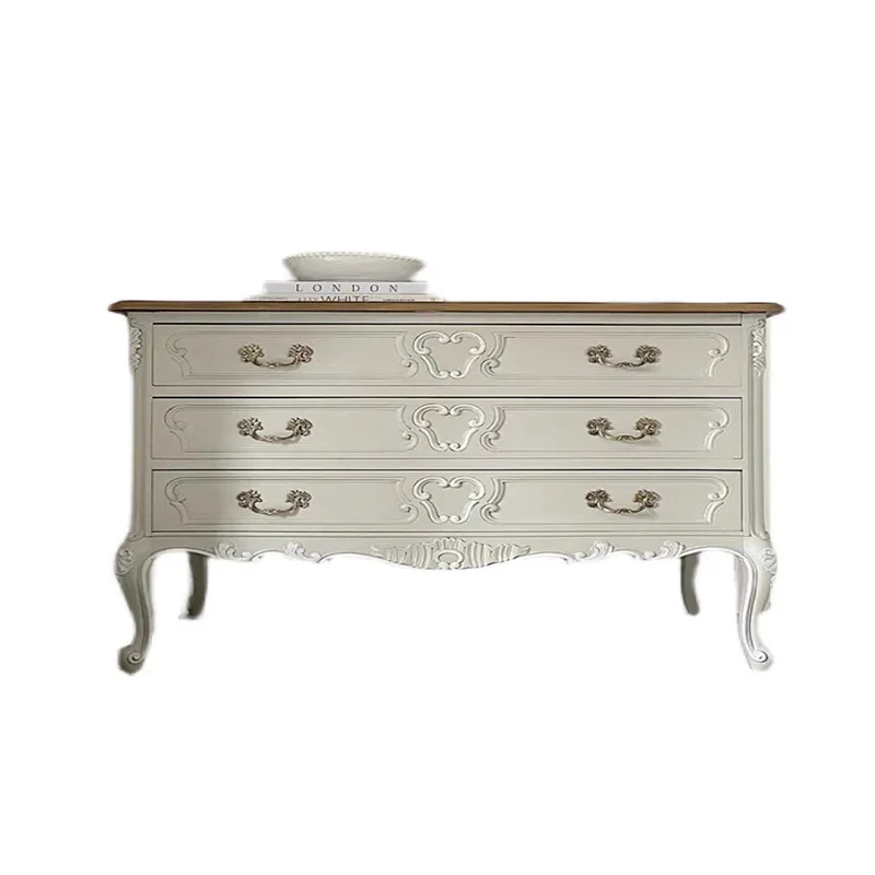 

French retro solid wood chest European villa living room old carved storage cabinet American light luxury dining side cabinet