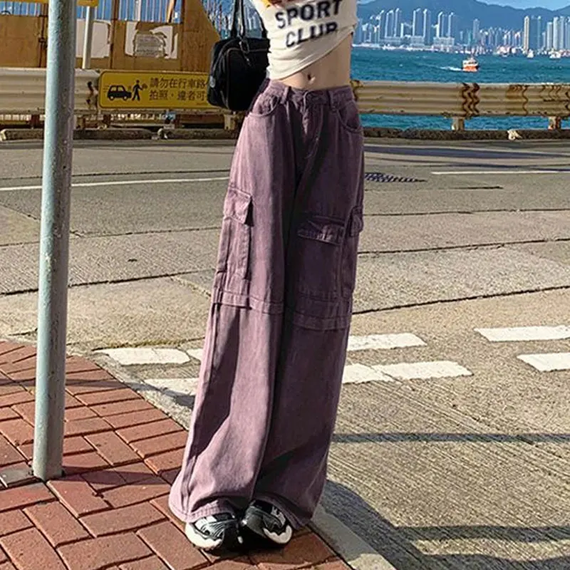 High Street Pockets Spliced Loose Trousers Female Clothing High Waist Cargo Pants American Wide Leg Safari Style Casual Jeans