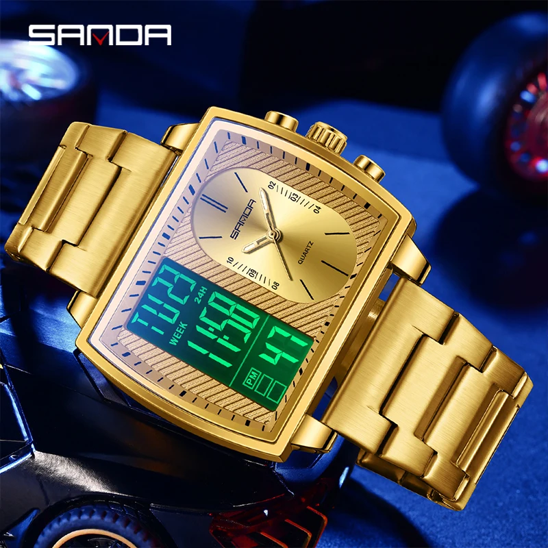 SANDA 6238 Orologio al quarzo da uomo di lusso Orologio tonneau alla moda Conto alla rovescia Sport Impermeabile Display a tre tempi Orologi da uomo digitali