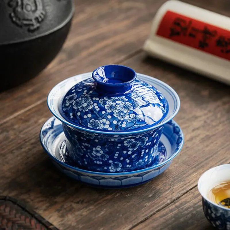 Porcelain Blue and White Plum Blossom Pattern Sancai Gaiwan Kungfu Respect Tea Cup Infuser Tea Bowl Kitchen Teaware