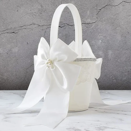 웨딩 꽃 바구니 및 반지 베개 실크 리본 활 꽃 자수 진주 장식 파티 사탕 바구니, 1 개 