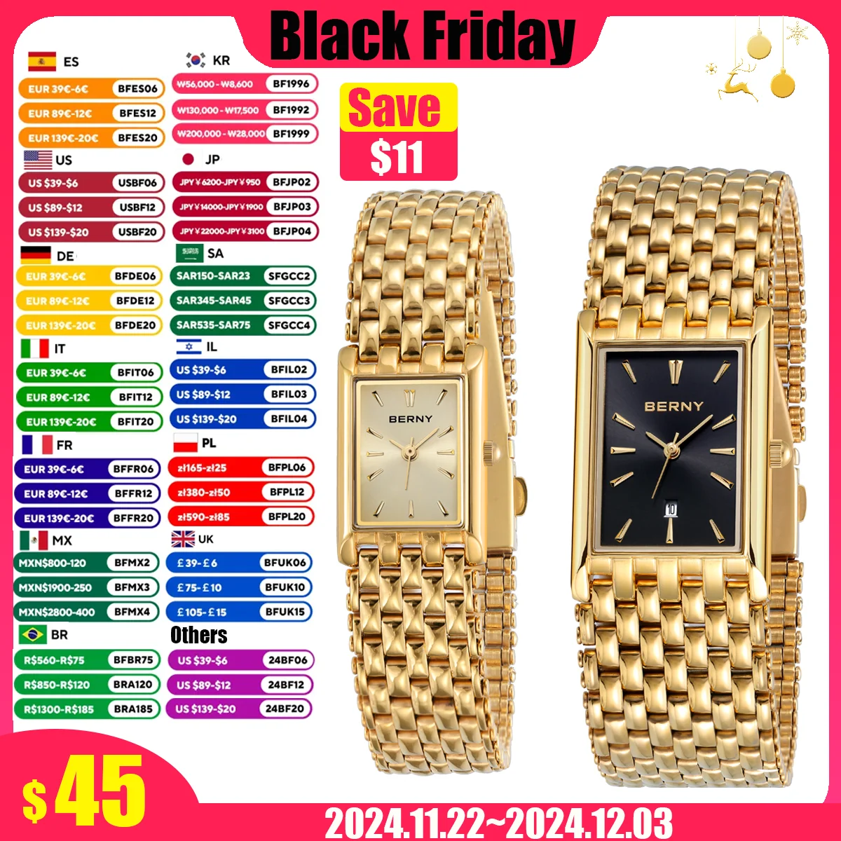 BERNY Gold Watch for Couple Luxury Women/Men Wristwatch Waterproof Golden Clock Quartz Stainless Steel Fashion Men Ladies Watch