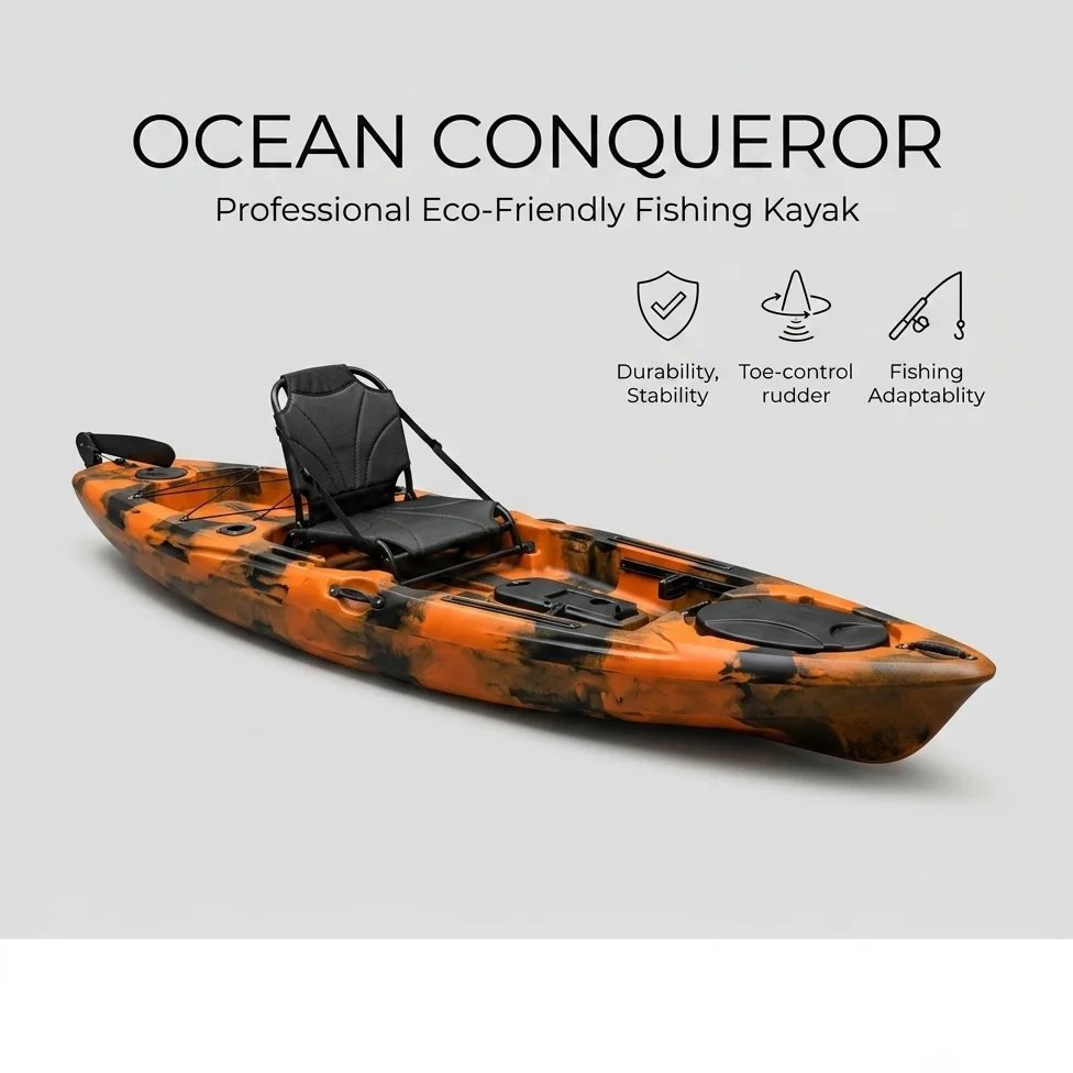 Wholesale Orange Camo Sit On Top Fishing Kayak Toe Control Rudder Raised Frame Chair Single Angler Plastic Canoe Boat