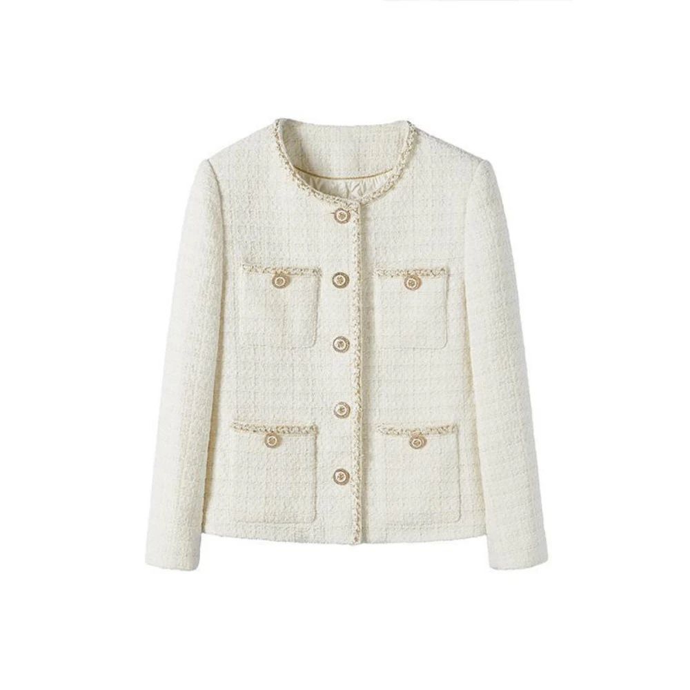 Autumn Winter Korean Style Fashion Women's High Quality 90%Goose-down lining White Tweed Coat F239