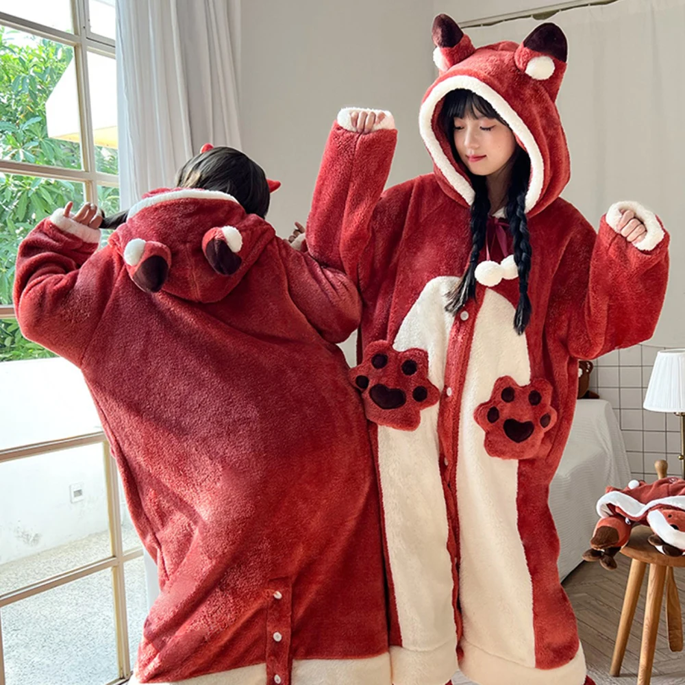 Cartoon Animal Hooded Pajamas Dress Kawaii Women Coral Fleece Dressing Gown Night-Robe Soft Long Sleeve Homewear Warm Sleepshirt