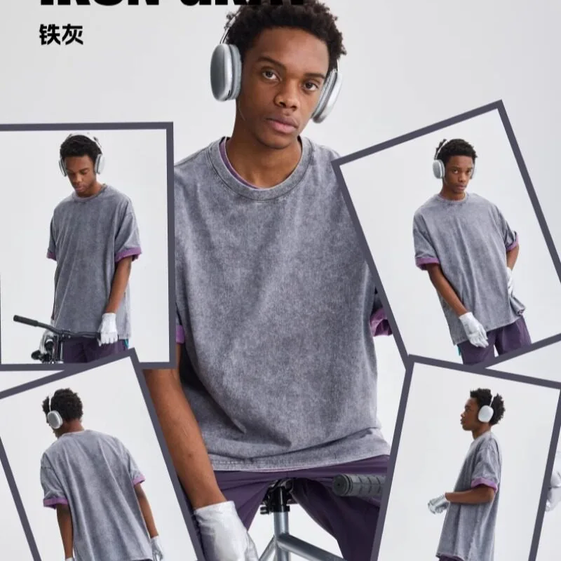 New 230g Cotton Washed Vintage Men's T-Shirt Loose plus Size Fashionable Retro Trendy Snowflake Design No Shrinkage