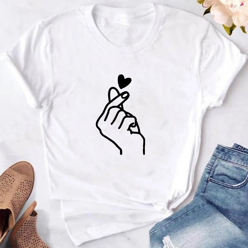 T-shirt à manches courtes pour femme, col rond, imprimé graphique d'amour, base décontractée, blanc