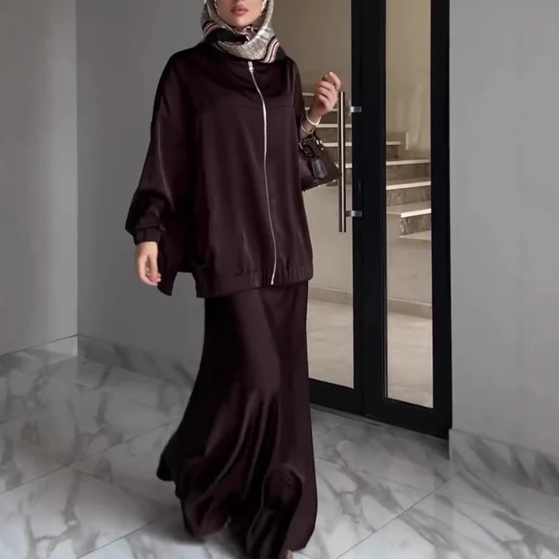 

Muslim Dress Satin 2 Piece Set Women Party Abaya Musulman Ensembles Arab Long Robe Dubai Kaftan Vestidos Jalabiya Ramadan Eid