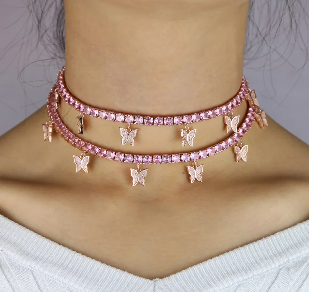 Heart Arrow Cz Tennis Chain with Luxury Drip Cz Butterfly Charm 32+10cm Choker Necklaces Iced Out Bling Women Jewelry