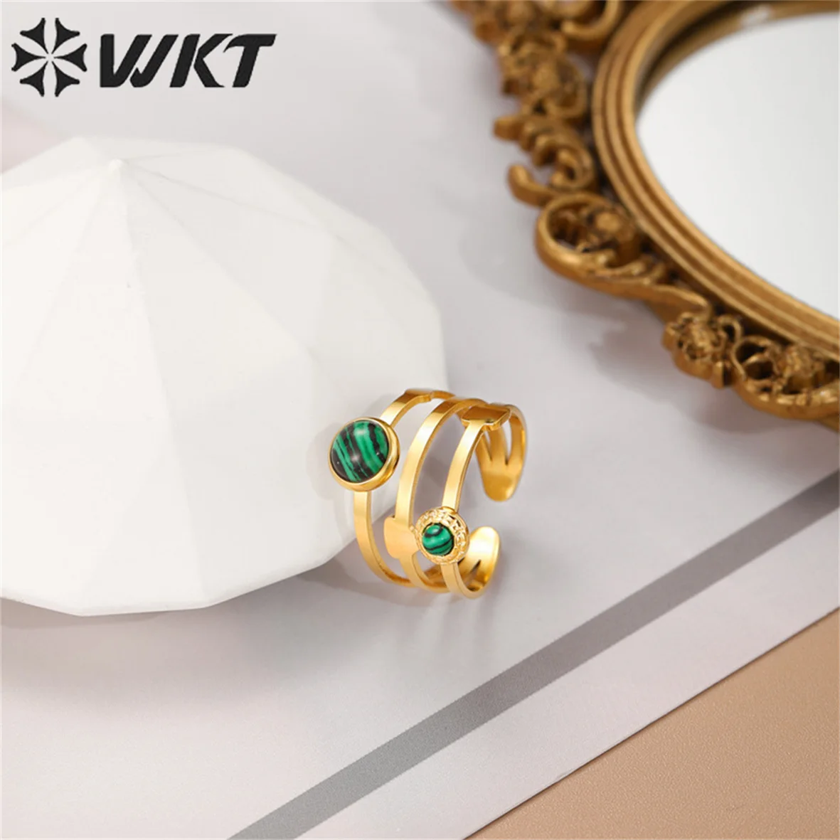 WT-SSR006 WKT 2022 Retro Exquisite design style ring stainless steel black agate and malachice ring wholesale adjustable