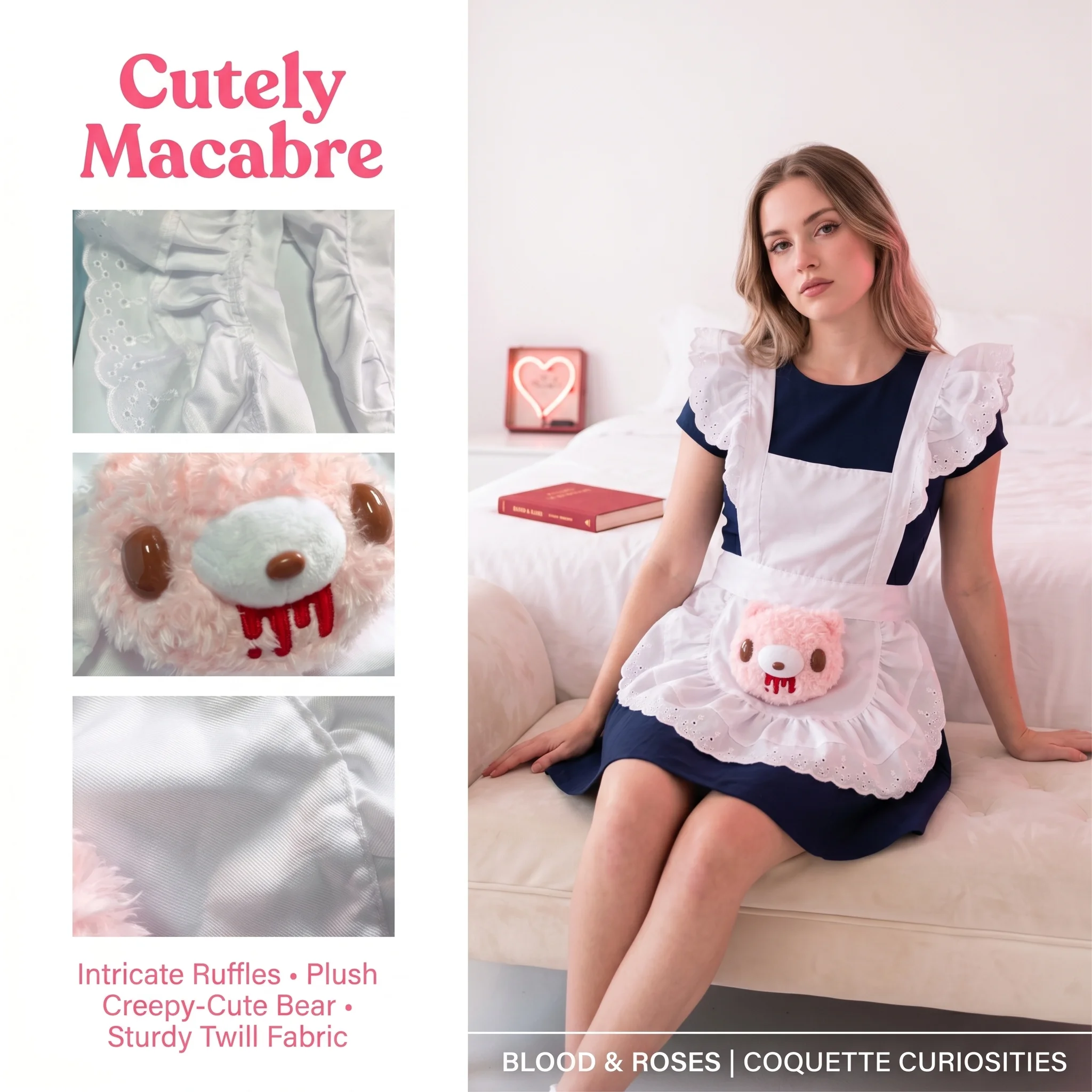 

Cute Ruffled Maid Apron with Plush Bear Decor, White Lace Trim Apron for Cosplay & Daily Wear