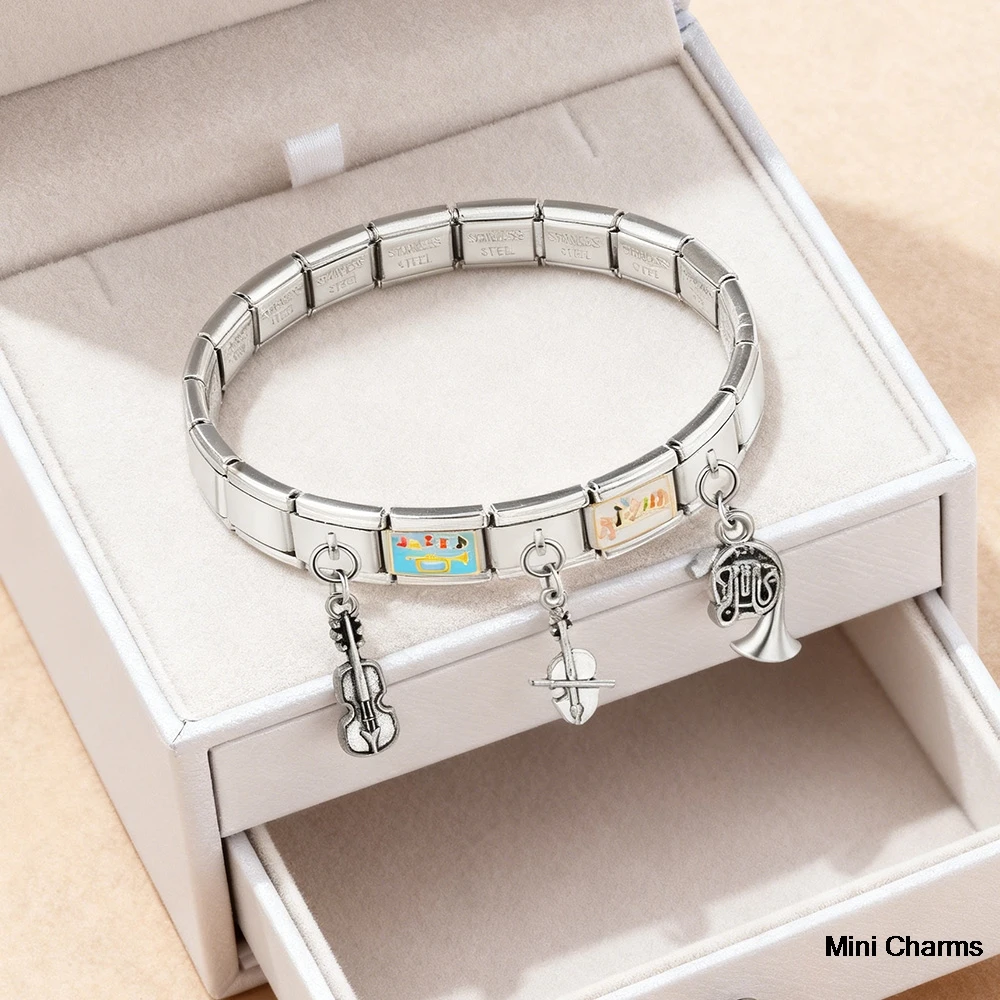 Fashion Record Tape Guitar Horn Saxophone Piano Charm Pendant Link fit 9mm Italian Stainless Steel Jewelry Making DIY Bracelet