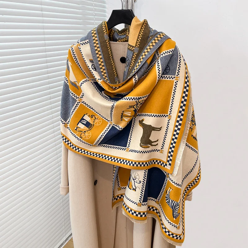 Luxury Brand Winter Cashmere Jacquard Scarf Women Female Warm Pashmina The Horse Shawls Wrap Scarves Blanket Thick Ladies Design