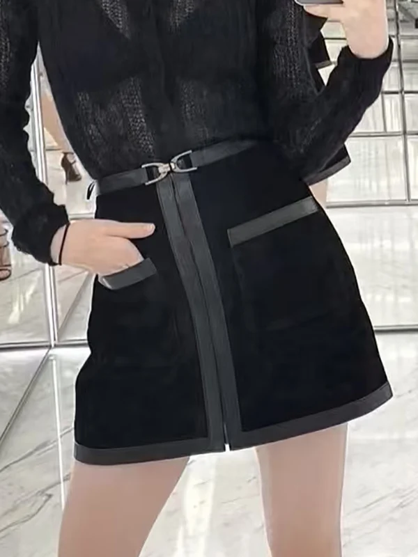 

Velvet Patchwork ket High Waist Slim Fit Commute Skirt Korean Sle Polyester Fabric A-Line Skirt for Young Women