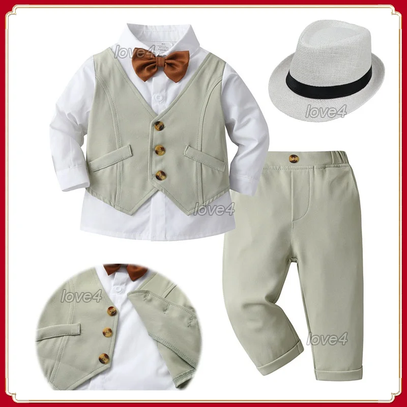 

Gentleman Suit Set Polo for Kids Boy Ootd White Kids Shirts for Boys with Pants Fake Vest Top Birthday Wedding Boss Baby Outfit