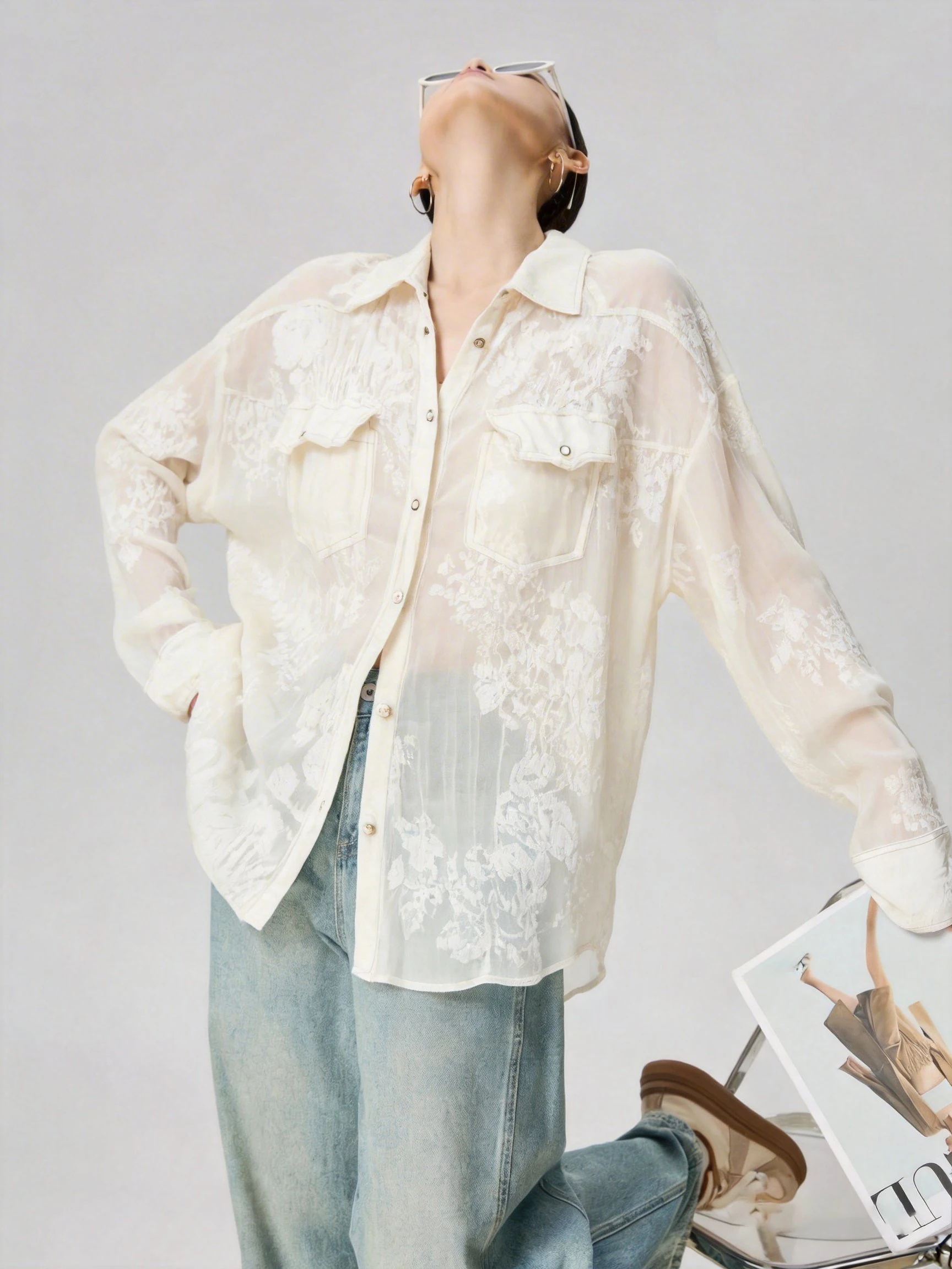 

Elegant White Long Sleeve Printed Shirt Thin Casual Style Women's Spring Summer Office Commute Fashion Collar G18700