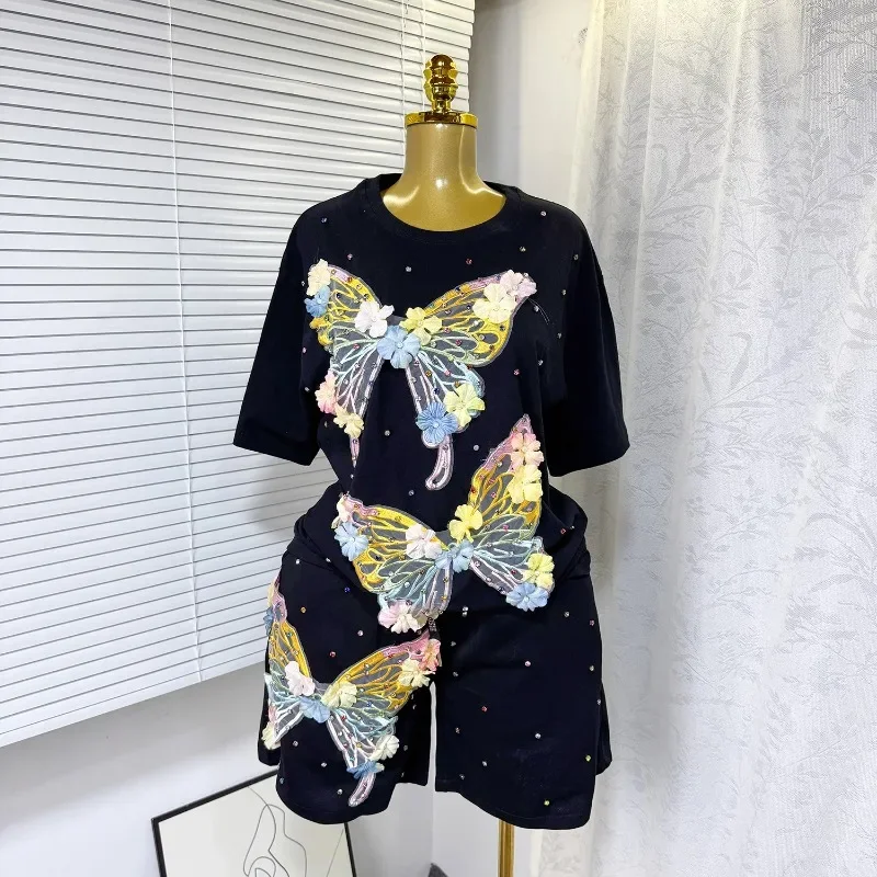 Fashion Butterfly Floral Beading Women's Set T-shirt and Shorts 2025 Summer Active Two 2 Piece Sets Outfit Tracksuit