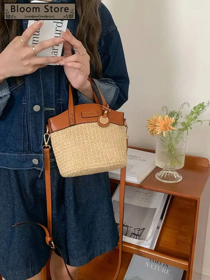 

Bloom Summer Beach Purse Women Holiday Weave Handle Casual Bucket Messenger Bag Female High Street Straw Crossbody Bags