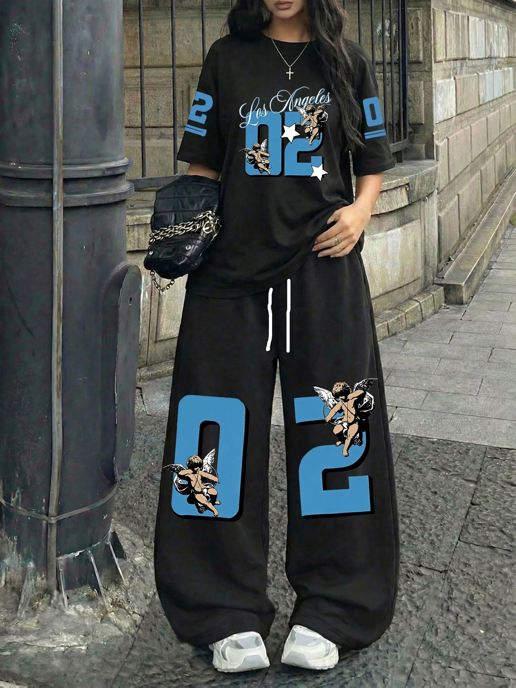 2026 Summer New Arrival Kids' Black 02 Angel Print Wide Leg Pants Casual Loose Elastic Waist Drawstring Streetwear Sweatpants